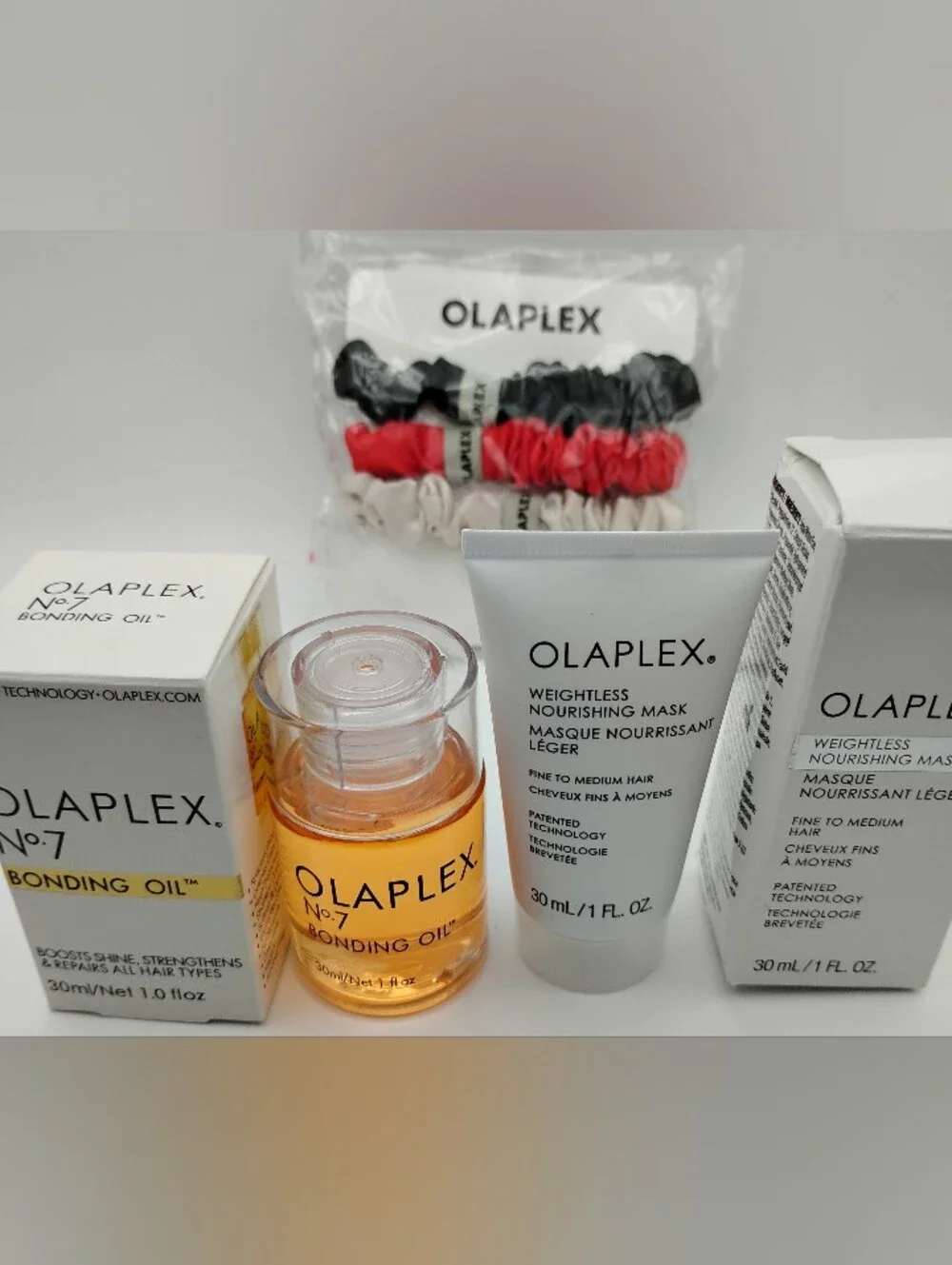 Olaplex Set with No.7 Bonding Oil & Nourishing  Mask, & 3 Piece Silk Hair Ties